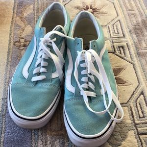 Slightly worn light blue laced classic vans with box